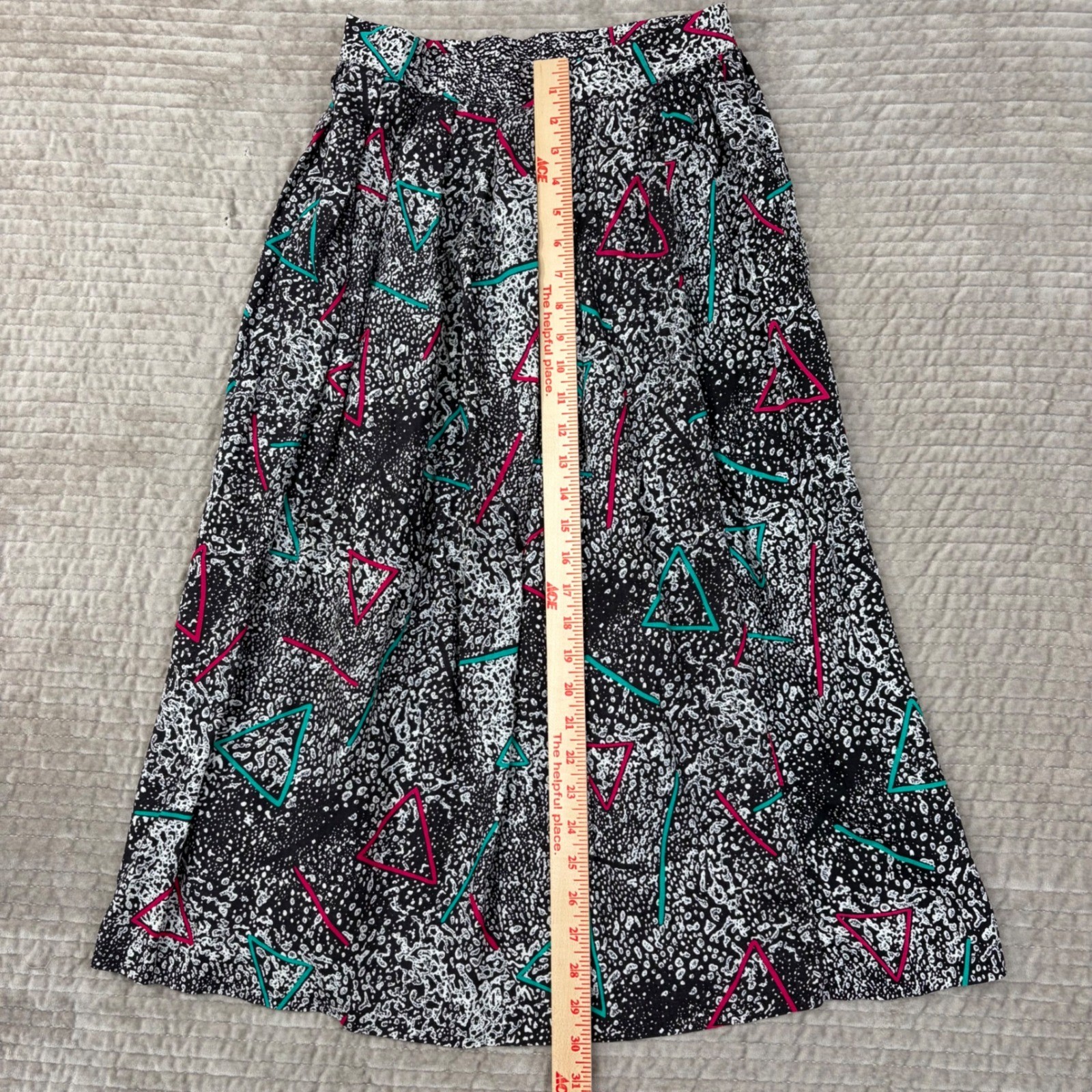Vintage Greenwich Square 80s Geometric Neon Midi Skirt Black White Rayon 11-12