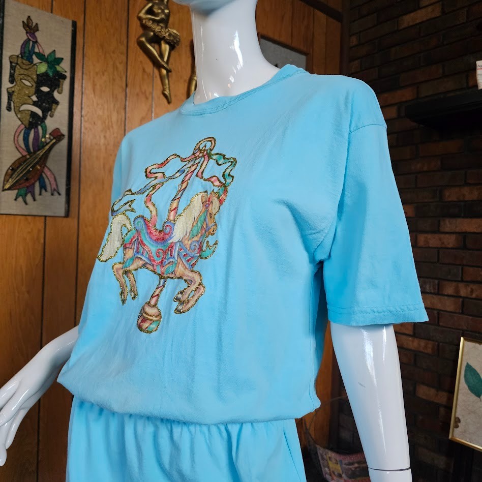 Vtg 80s 90s Sunbelt Merry Go Round Carousel Horse Whimsical T-Shirt Dress OSFM
