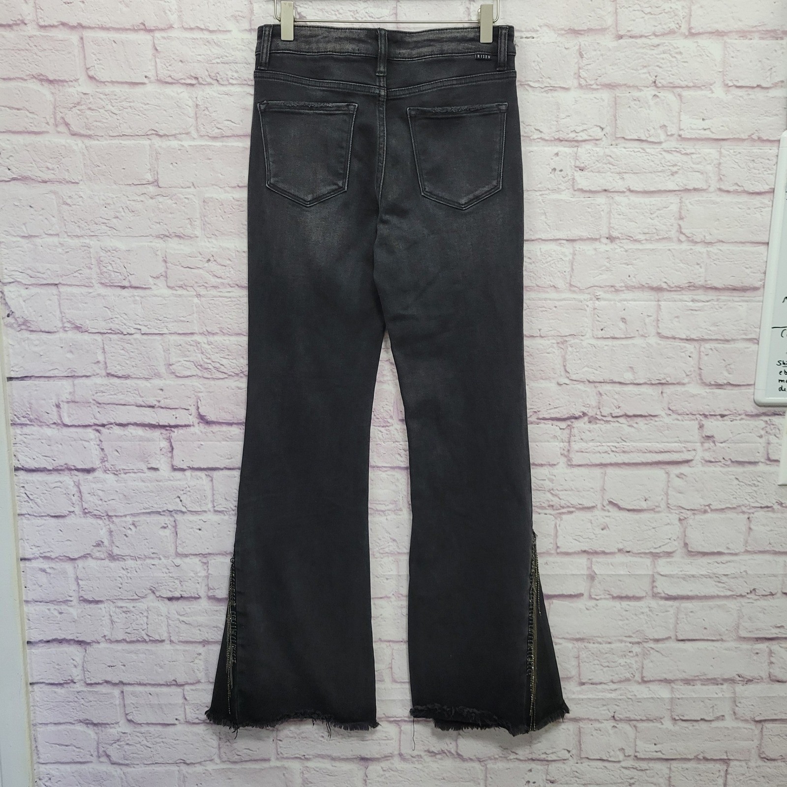 Risen Black Flare Jeans Womens 7 Rhinestone Fringe Distressed Goth Coachella Y2K