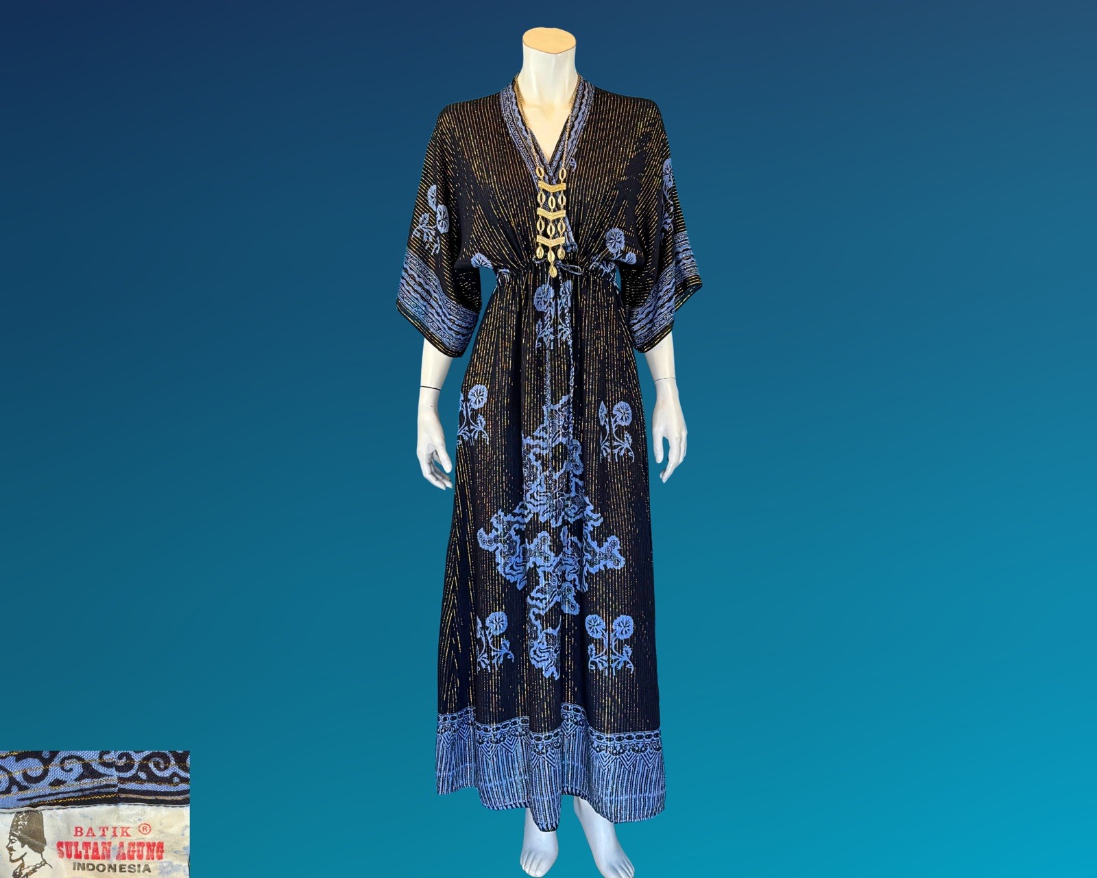 90s Gold Metallic Stripe Black and Blue Rayon Kaftan Dress | S M