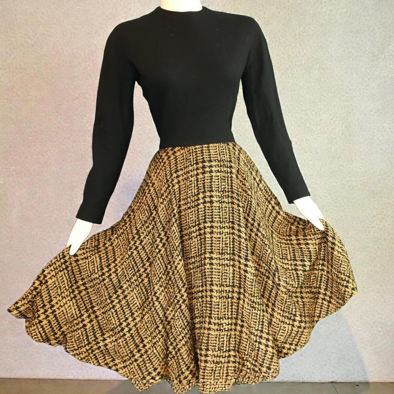 1960s Anne Fogarty Black Brown Plaid Midi Skirt Fit & Flare Dress Gown Wool Tan