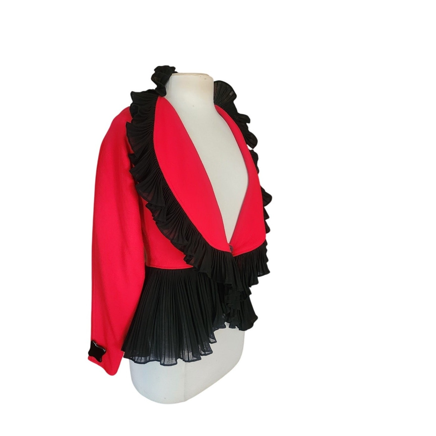 Vintage 1980s Jean Muir Jacket Red Black Ruffle Trim Evening Blazer with Peplum