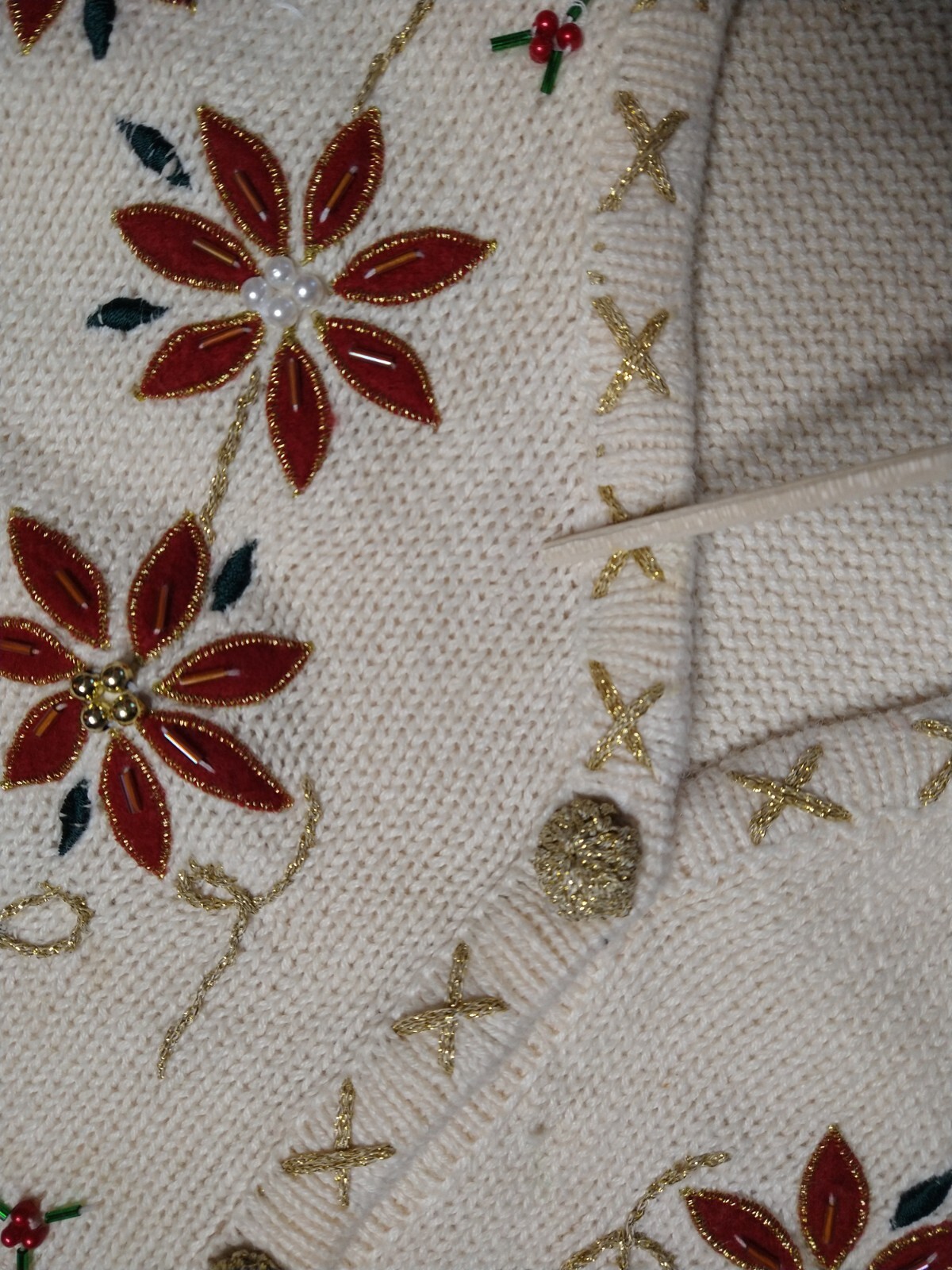 Vtg 90s Bobbie Brooks Poinsettia Holiday Christmas Beaded Metallic Sweater Vest