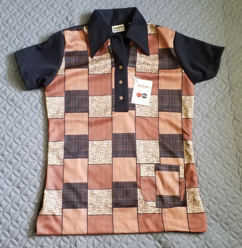 Vintage 70s King Louie Creation Bowling Shirt USA Made Checkered Size 32 NWT
