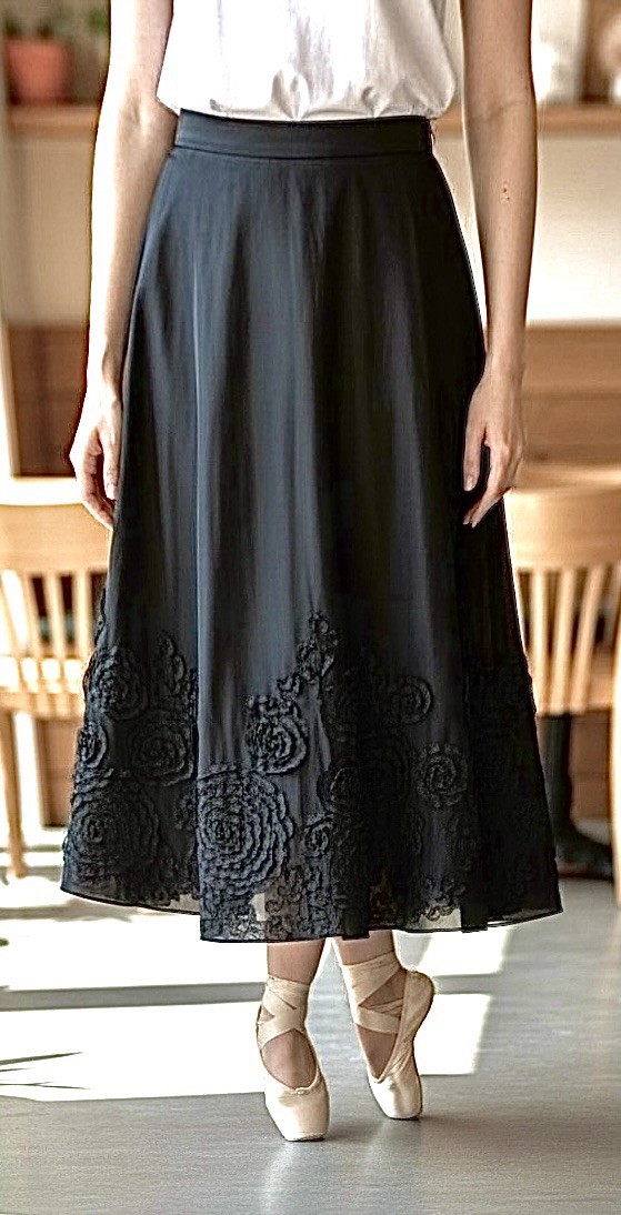Onyx Nite Midi Black Taffeta Round Skirt Ribbon Trim Y2K Swing Dance Sz Med