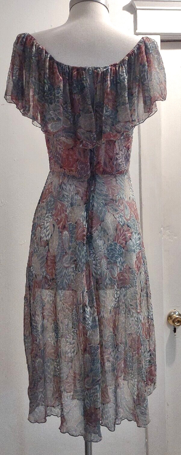 Vintage 70’s Hippy disco sheer silk floral chiffon off the shoulder dress XS