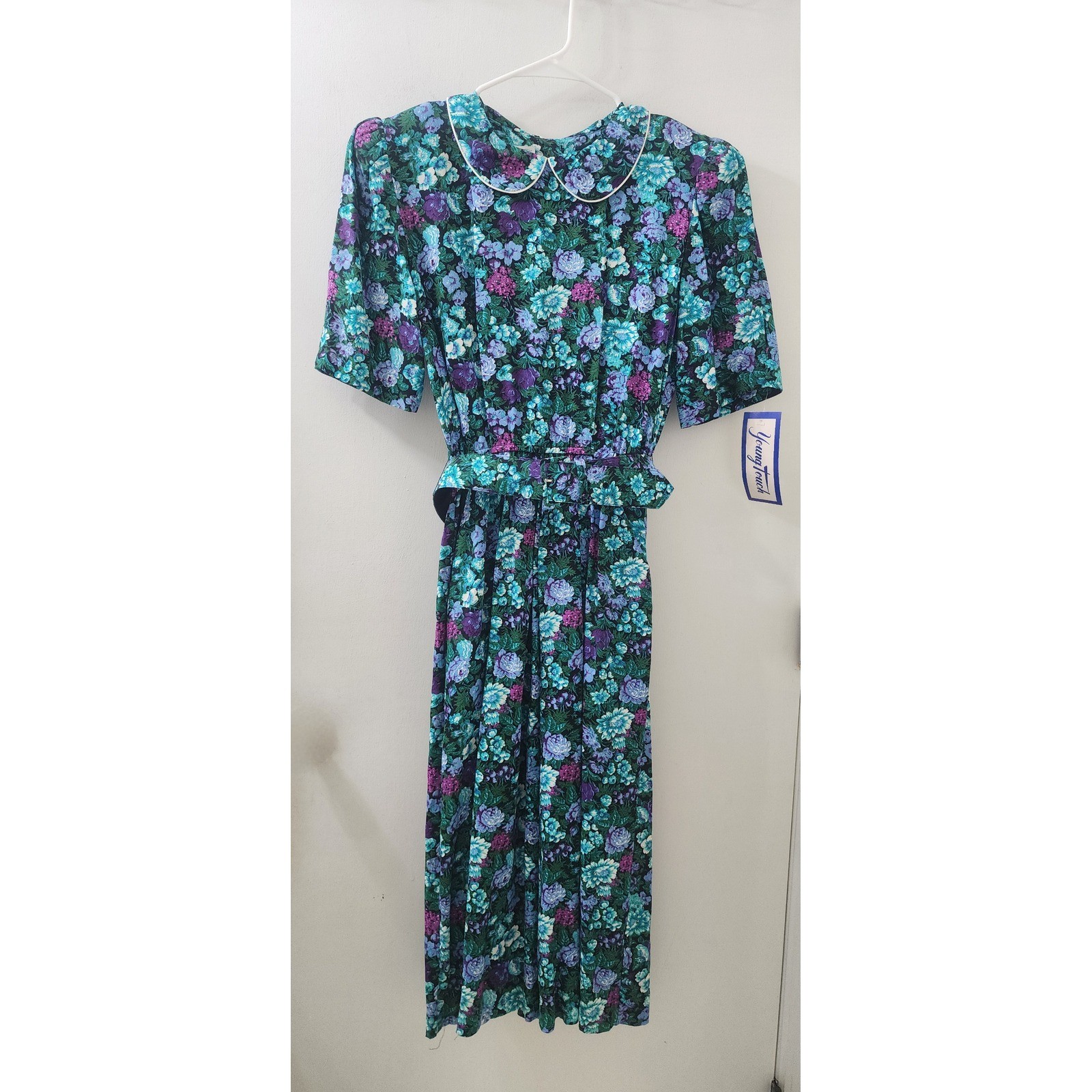 Michelle Stuart Vintage Floral Midi Dress Teal Purple Rayon Belted Size 8 USA