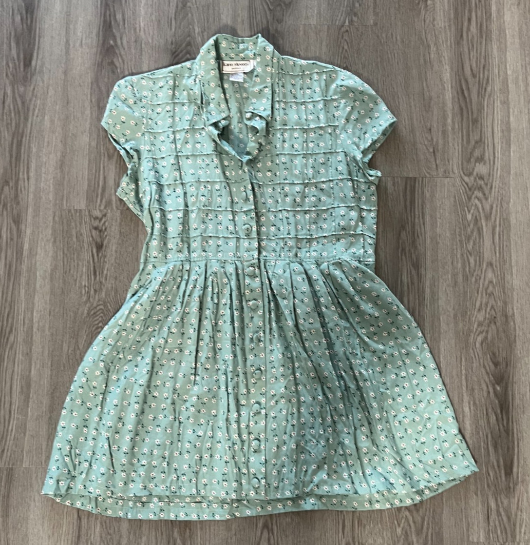 Vintage 1980’s Karin Stevens Green/Mint and White Floral Mini Dress, Size 12