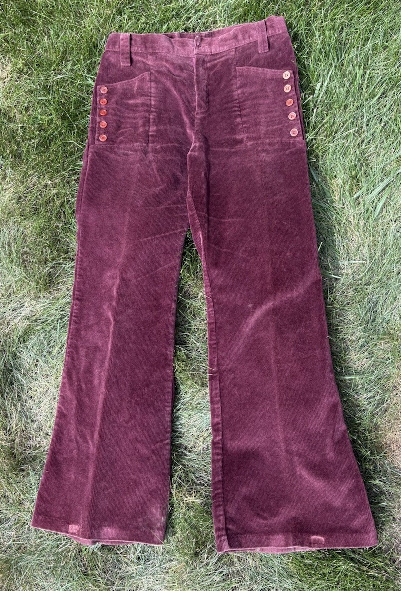 VTG 70s Sears Jr Bazaar Corduroy Flare Pants Button Pockets Maroon Size 13 30×29