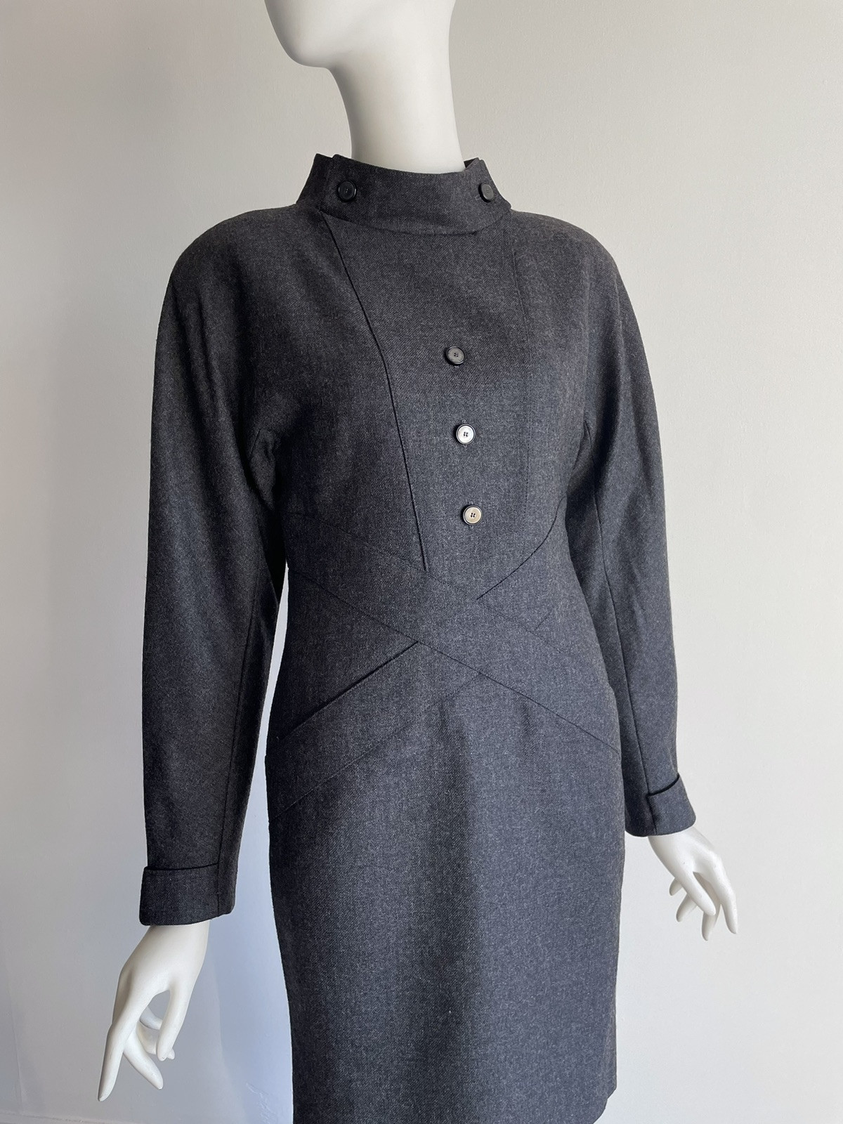 Vintage 1980s Chloe Gray Wool Dress Cross Front Buttons Shoulder Pads Size XS