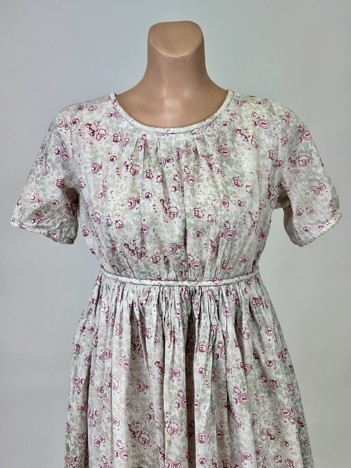 Vintage 1910s Childs Dress Short Sleeves Floral Print Pink Beige Soft Green
