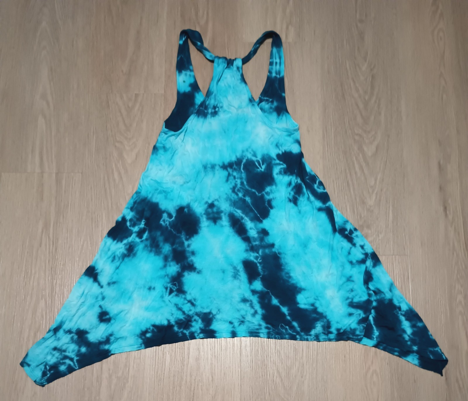 Vtg Y2K Teal Tie Dye Asymmetric Racerback Tunic Top swim coverup summer S