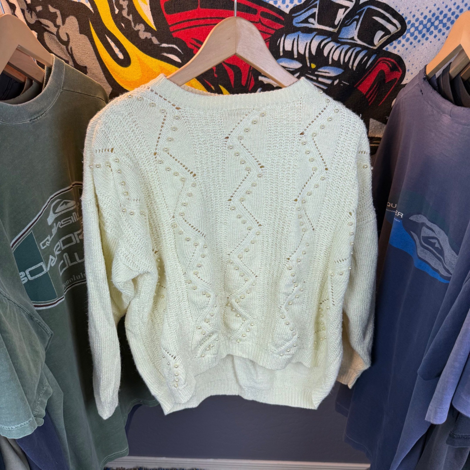 Vintage Design Fashion Collection Cream Pearl Knit Pointelle Sweater Womens 44
