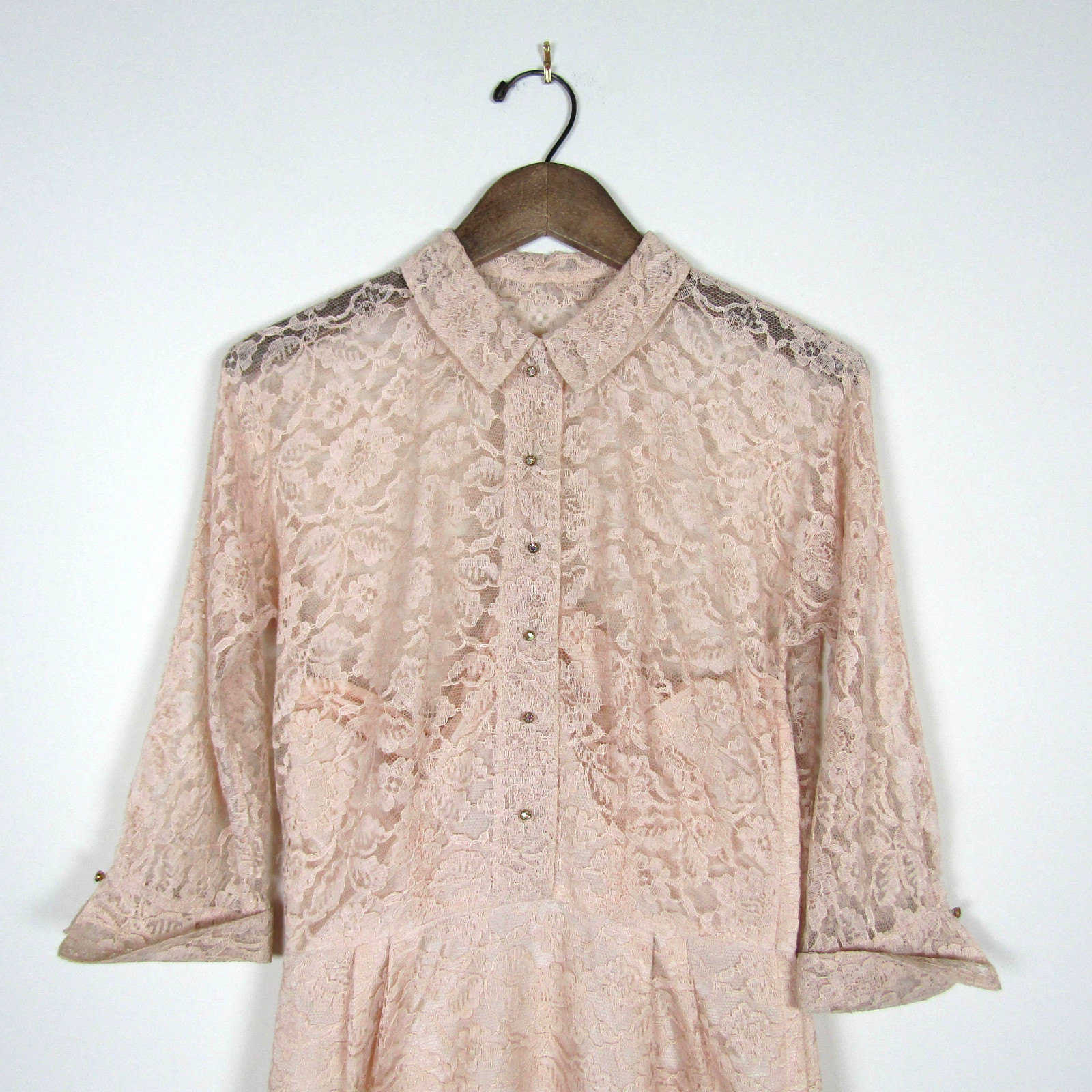 Vtg 50s SEXY PIN UP LACE RHINESTONE BUTTON UP DRESS Beige Sheer Rockabilly 1950s