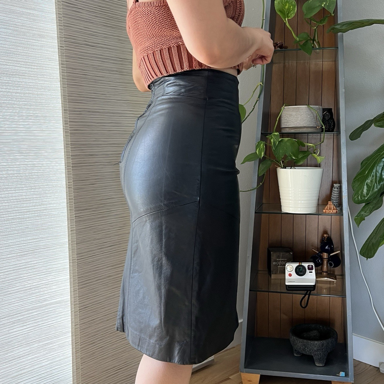 Vintage Pelle Cuir Black Genuine Leather Pencil Skirt High Waist Size 10 Midi