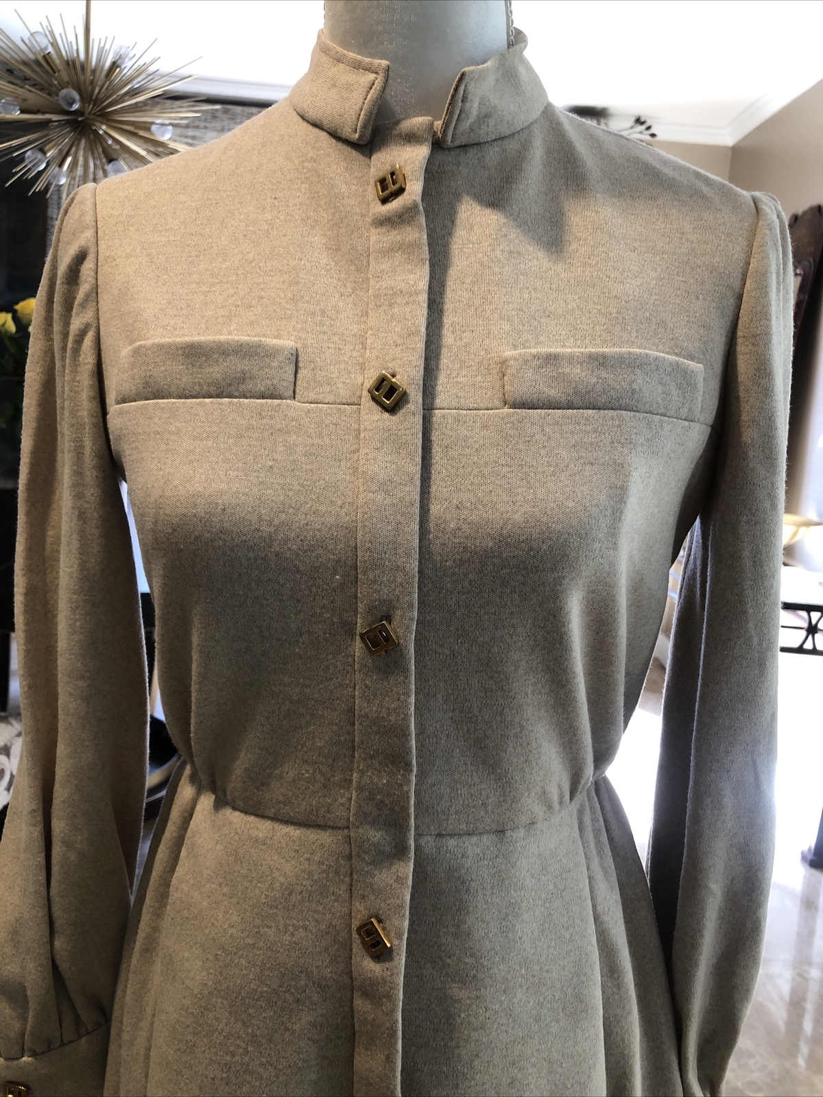 Geoffrey Beene mid 60s oatmeal worsted wool shirtwaist dress logo “B” buttons S