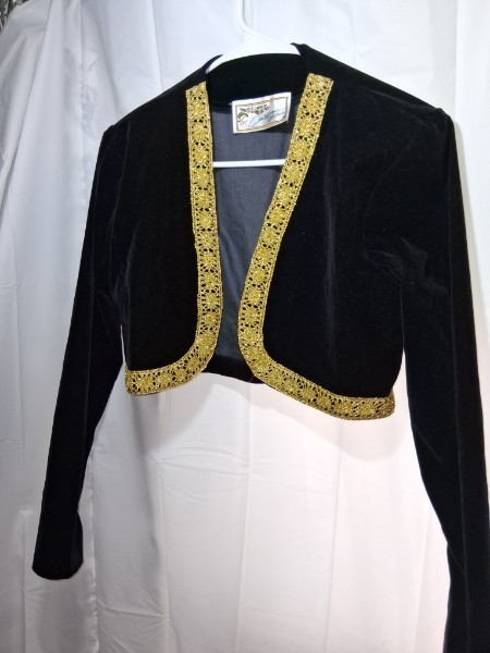 Vintage 80s California Gold Rush Black Velvet Bolero Jacket Gold Trim Shrug