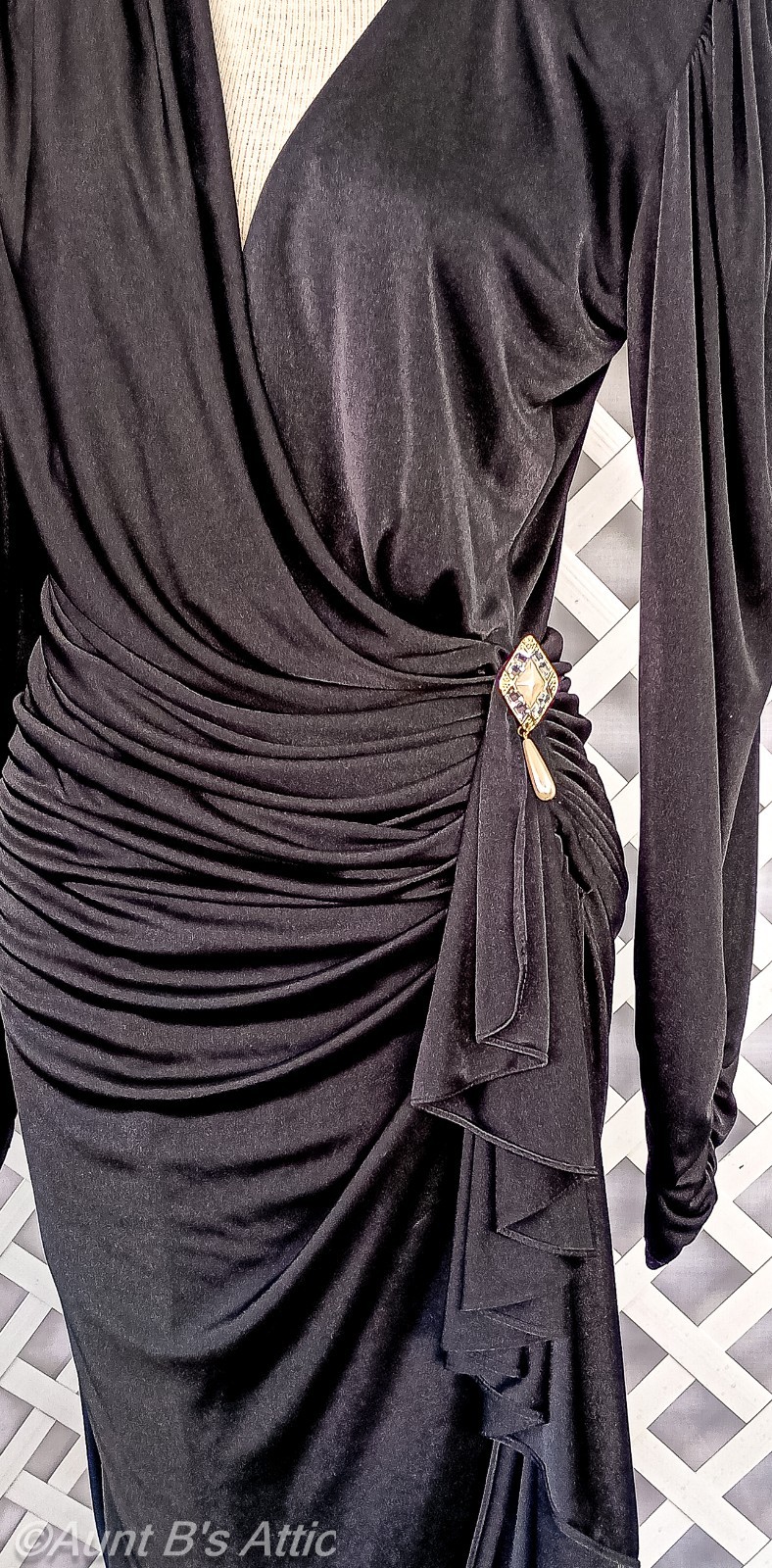 Vtg 80’s Filigree Clubwear Blk Poly Asymmetrical Drape Figure Flattering Dress 8