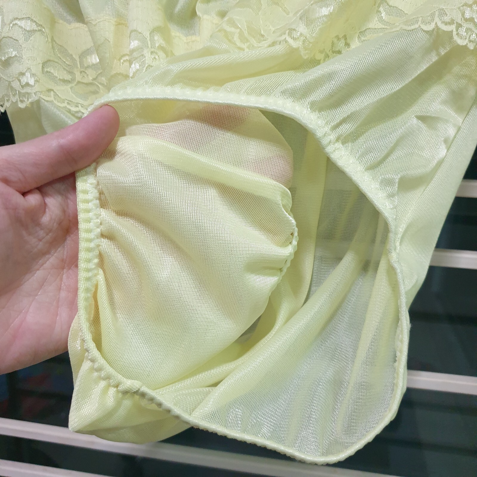 Vintage Sheer Nylon Panty Sissy Yellow Floral Lace Granny Brief Sz. 8 Hip 39-43″