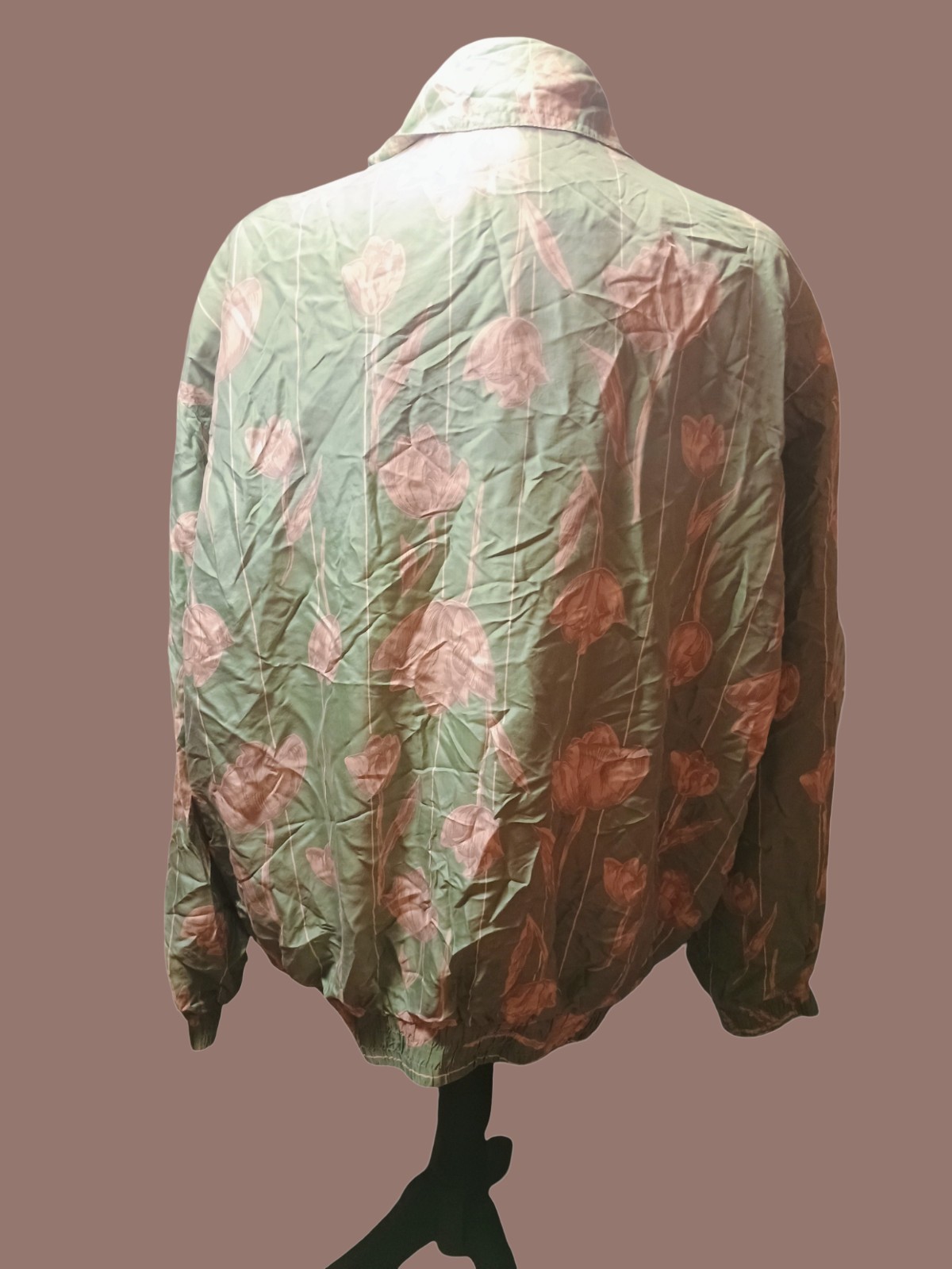 ’80s Vintage Silk Windbreaker Cocoa 100% Silk Floral Mint Green Pink