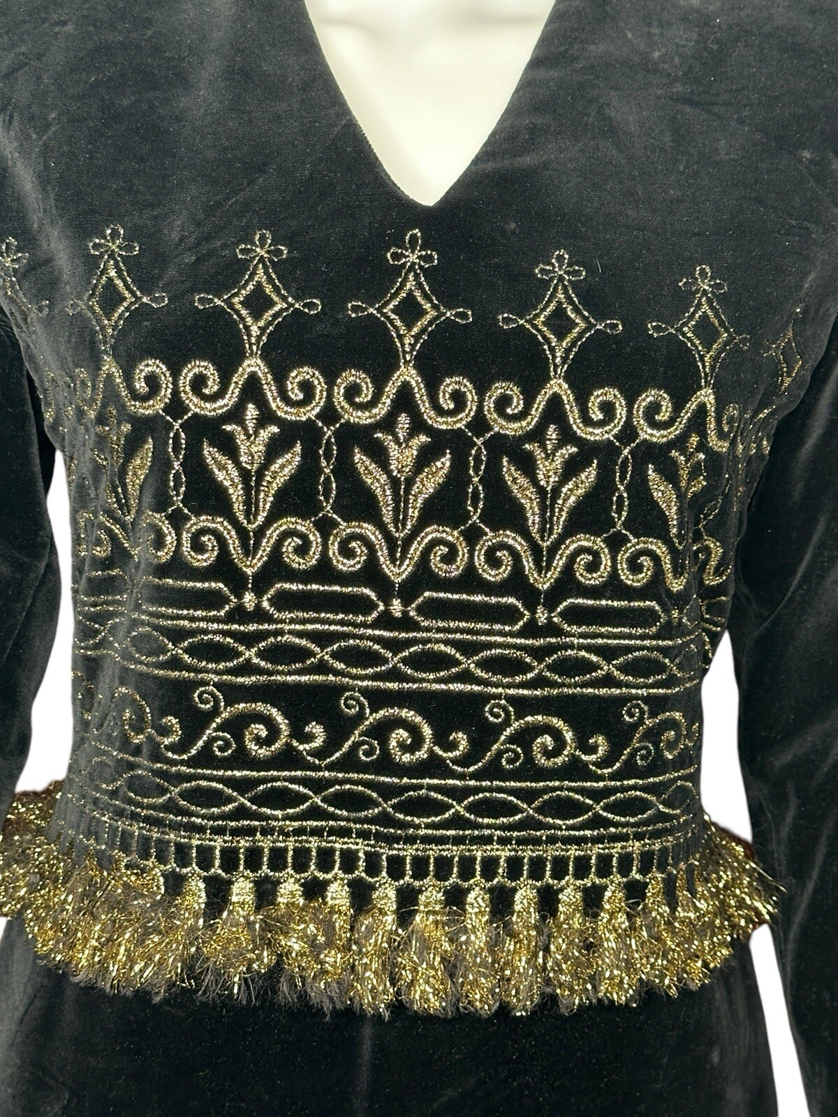 RARE VTG Designer Zandra Rhodes Black Velvet Cocktail Dress Gold Metallic XS S