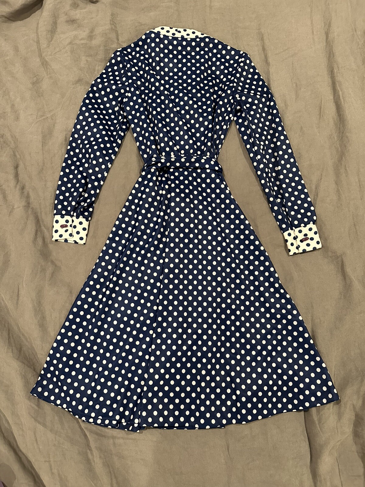 VINTAGE HOVLAND SWASON POLKA DOT TIE WAIST DRESS 1960s Housewife Navy/white