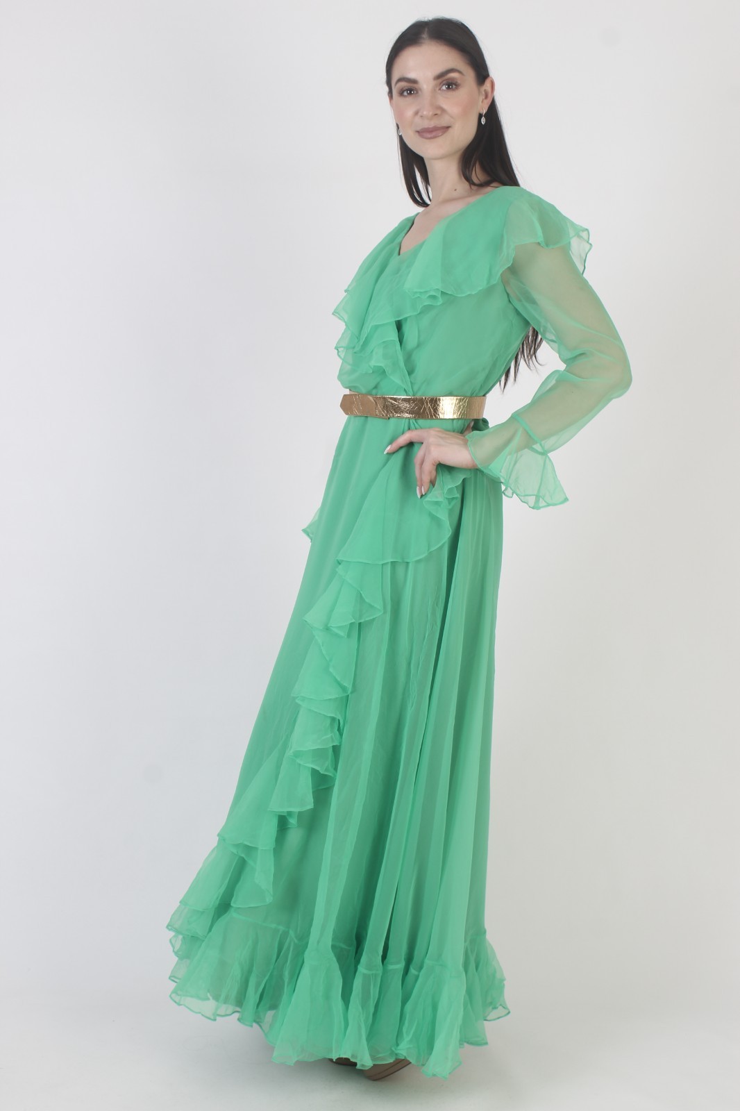 Vtg Green Chiffon Dress Cocktail Party Disco Sexy Grecian Goddess Lounge Maxi