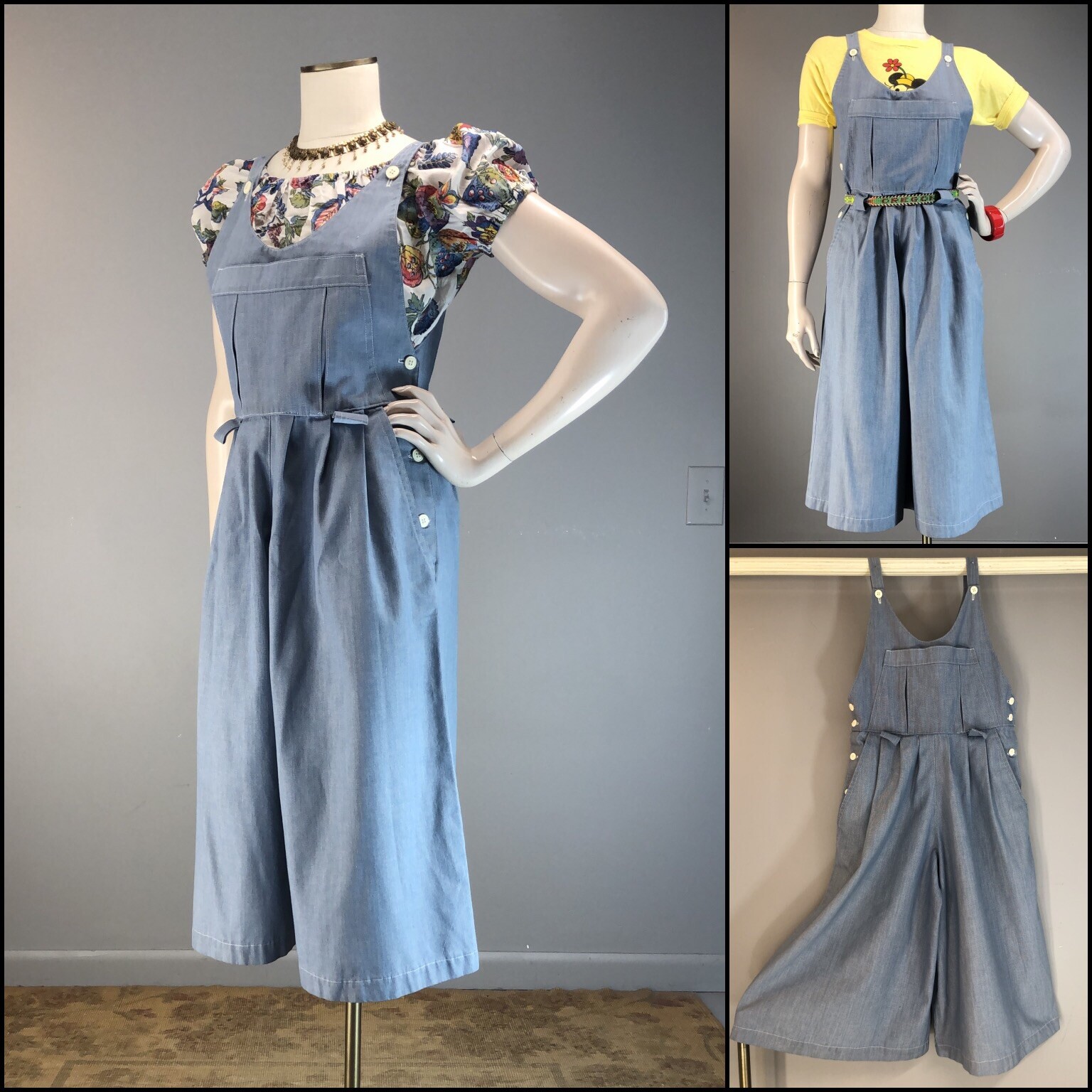 Vtg 70s Denim Jumpsuit Chambray Overalls Gauchos duz 40s Wide Leg M M-L 31 waist