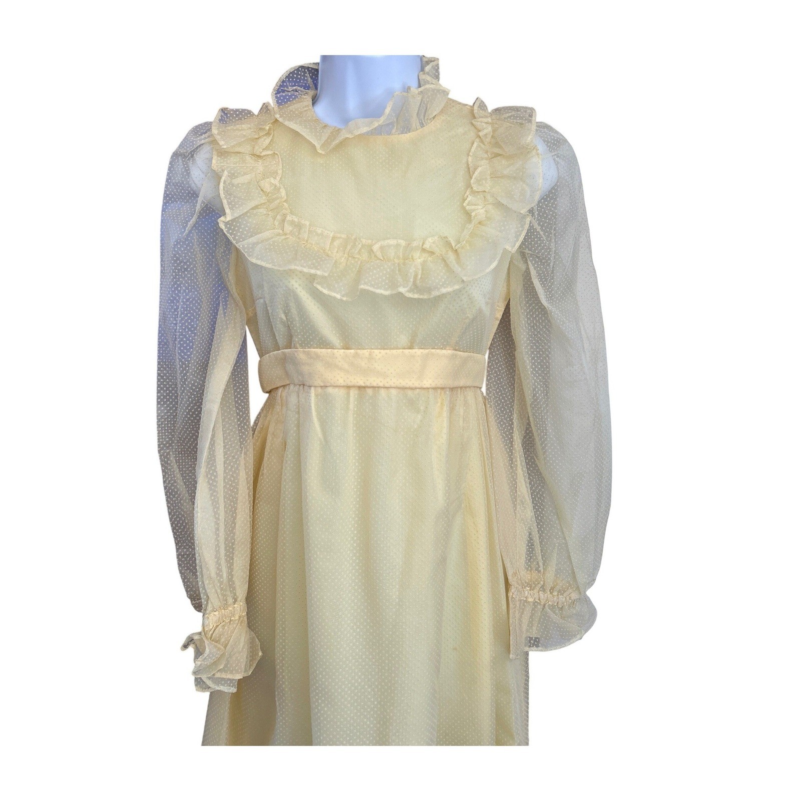 70s Swiss Dot Yellow Maxi Dress Cottagecore Prairie Point d’Esprit Ruffle Trim