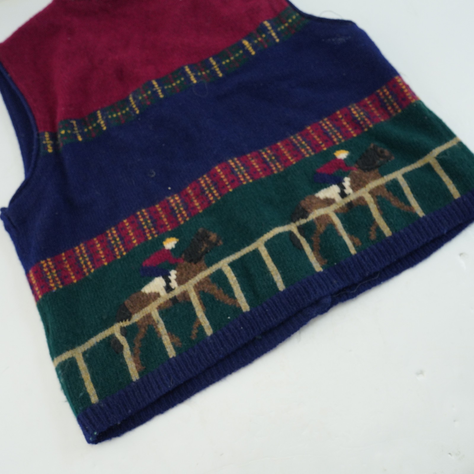Robert Scott Ltd Vintage Sweater Vest women’s XL Hand Knit HORSE RACE equestrian