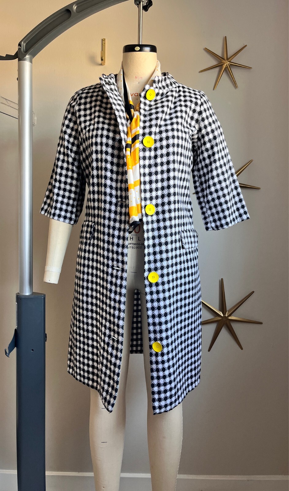 1960s Black and White Diamond Check Day Coat with Yellow Buttons