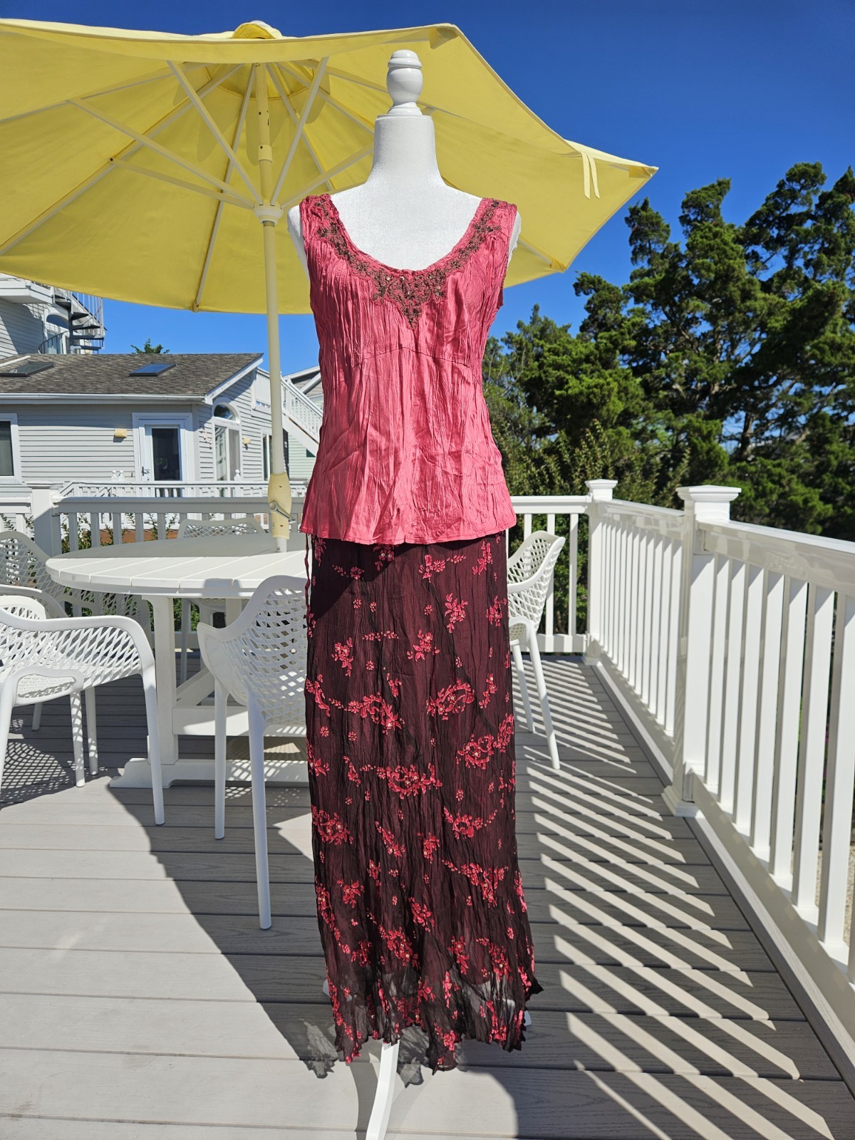 VTG Y2K Monsoon 100% Silk Embellished Rhinestone Bias Cut Cami Top And Skirt Set