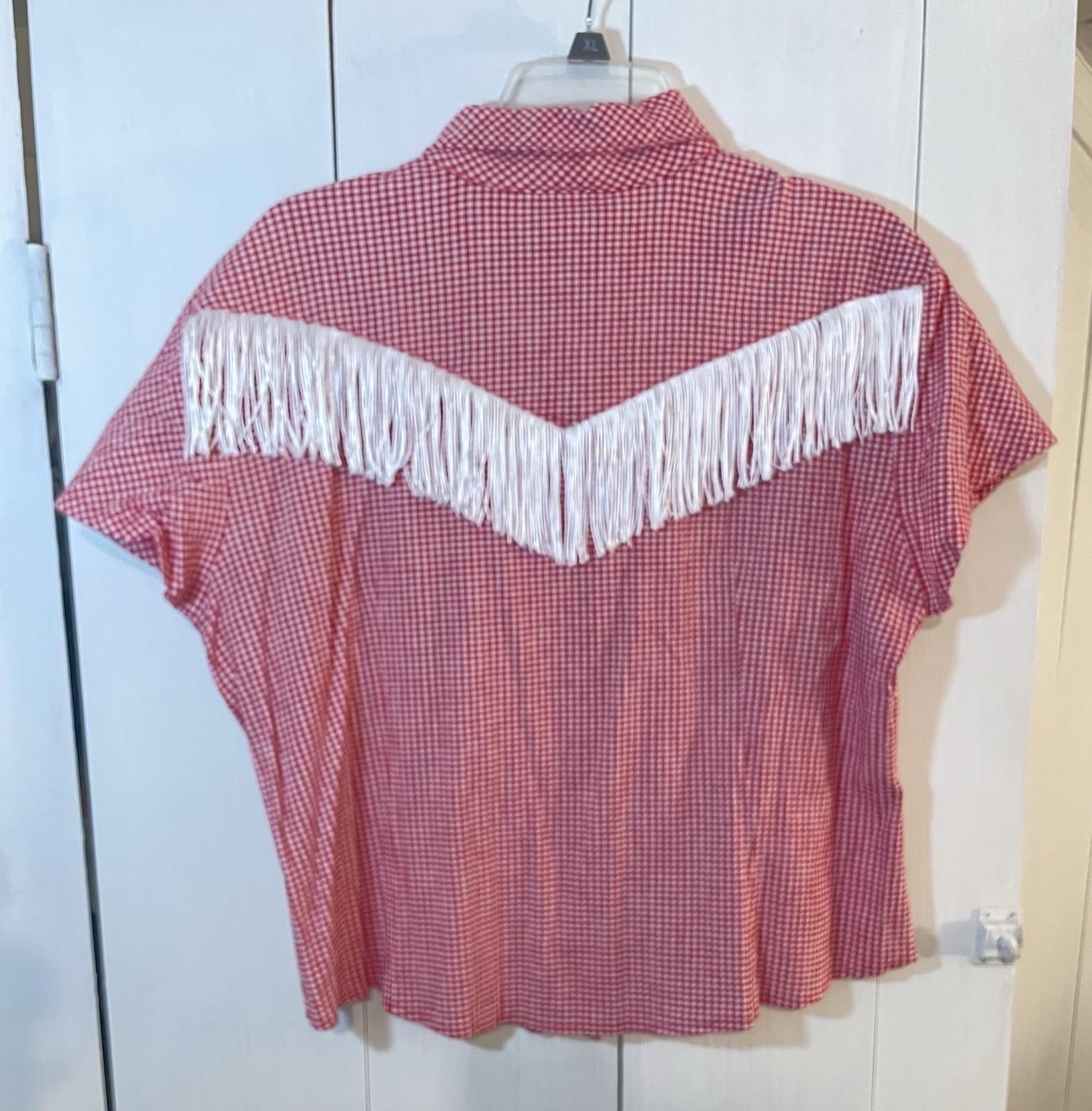 Vintage Ladies XL Banjo Western Shirt Red Gingham Fringe Snap Front Short Sleeve