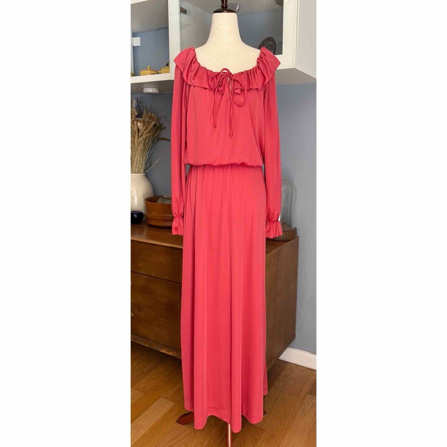 Vintage 70s Shawn Originals Ruffle Trim Cinch Waist Maxi Dress sz M Pink Retro