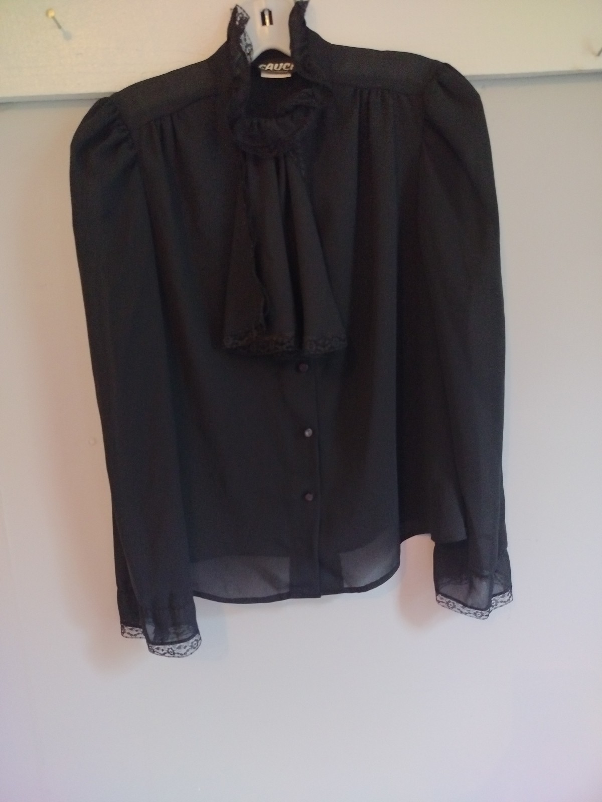 VTG Sauci Black Sheer Blouse High Neck Lace Trim Victorian Prairie Blouse Top M