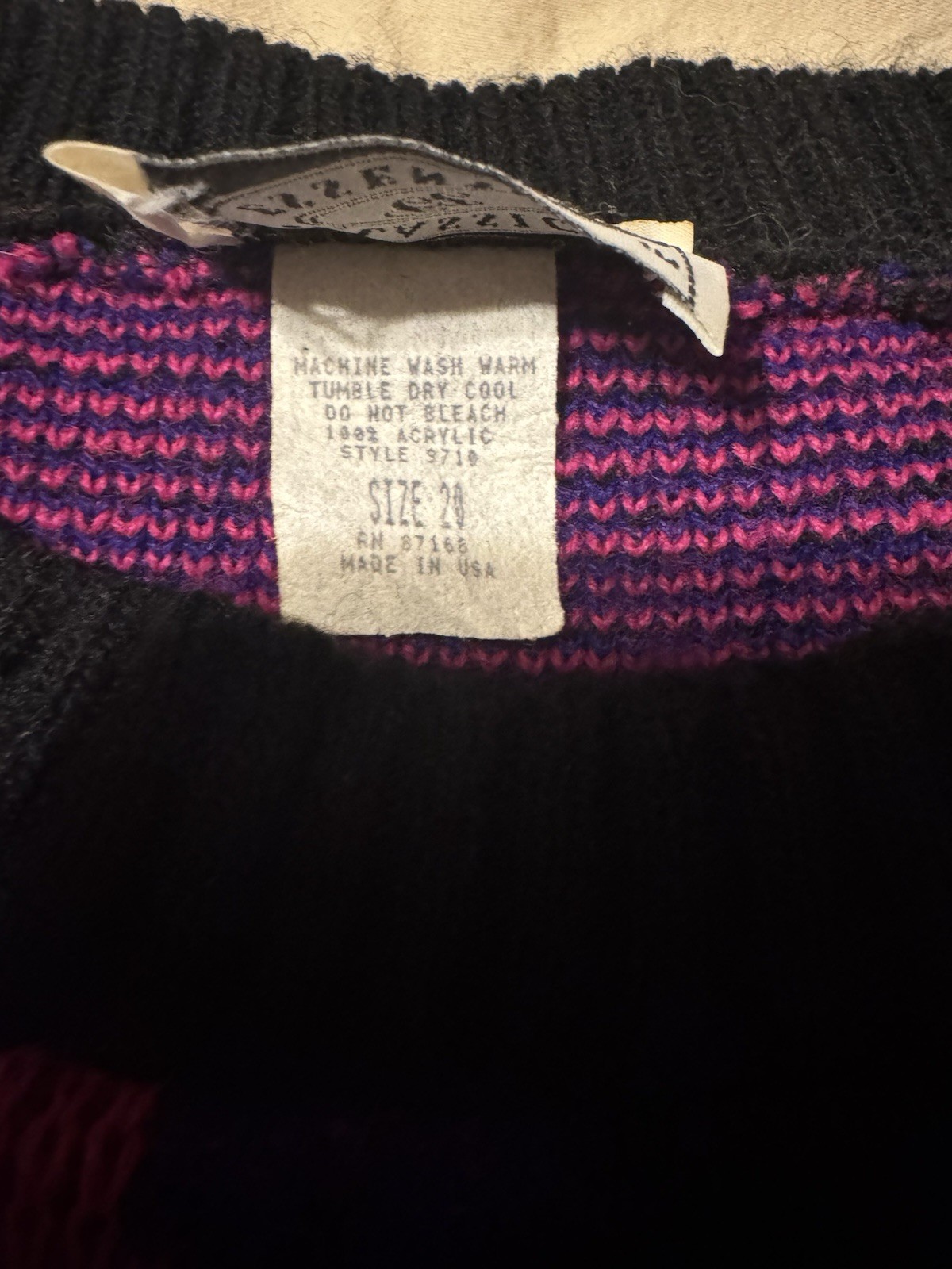 Classic Essentials 1980s Geometric Acrylic Sweater 1x Black Pink Blue Purple