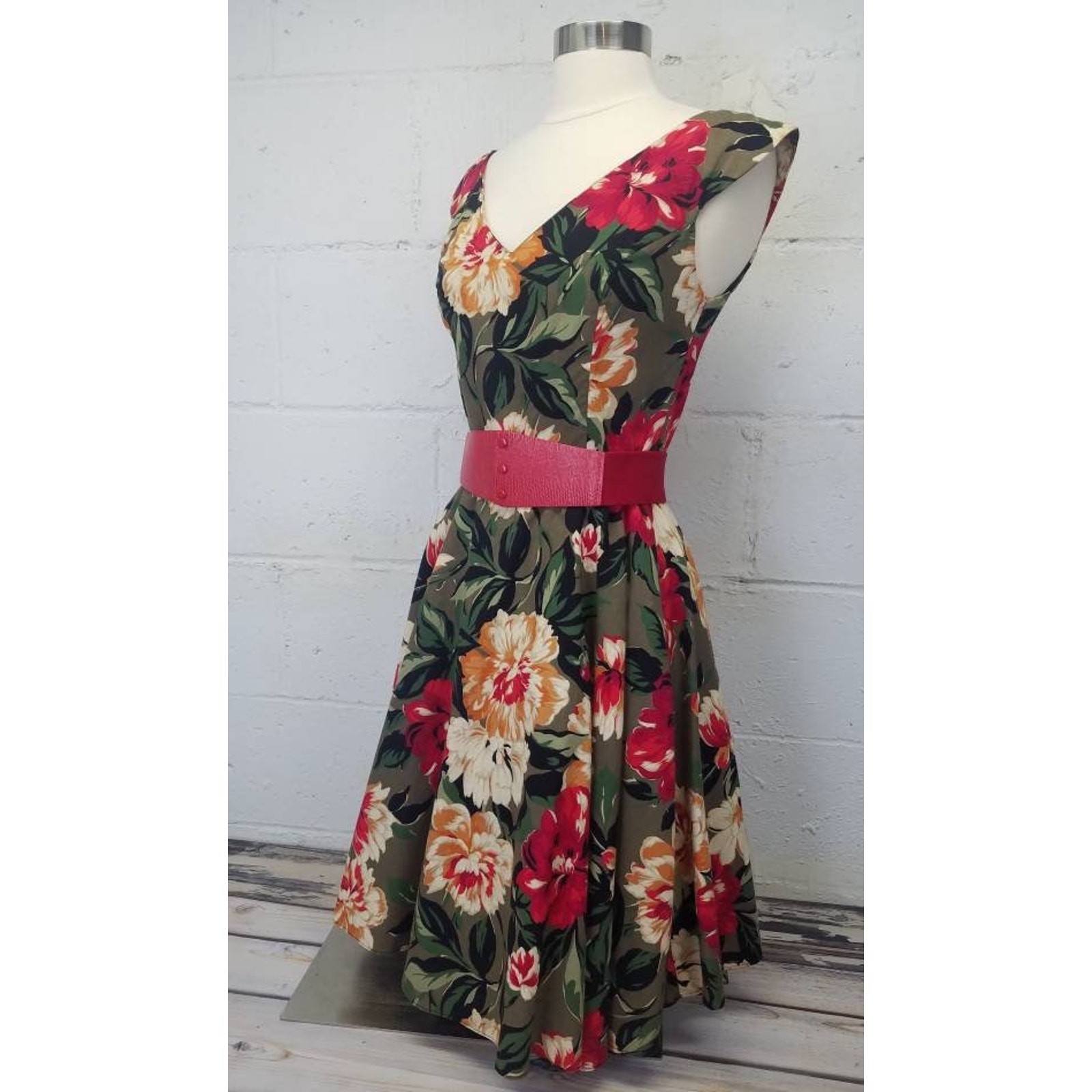 Vtg 80s Polished Cotton Off The Shoulder Floral Novelty Print Dress Crinoline SM