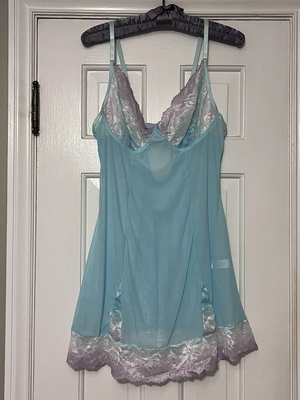 Vintage Ultra Feminine Aqua Lace Trim Mini Slip w/Adjustable Straps Size XL