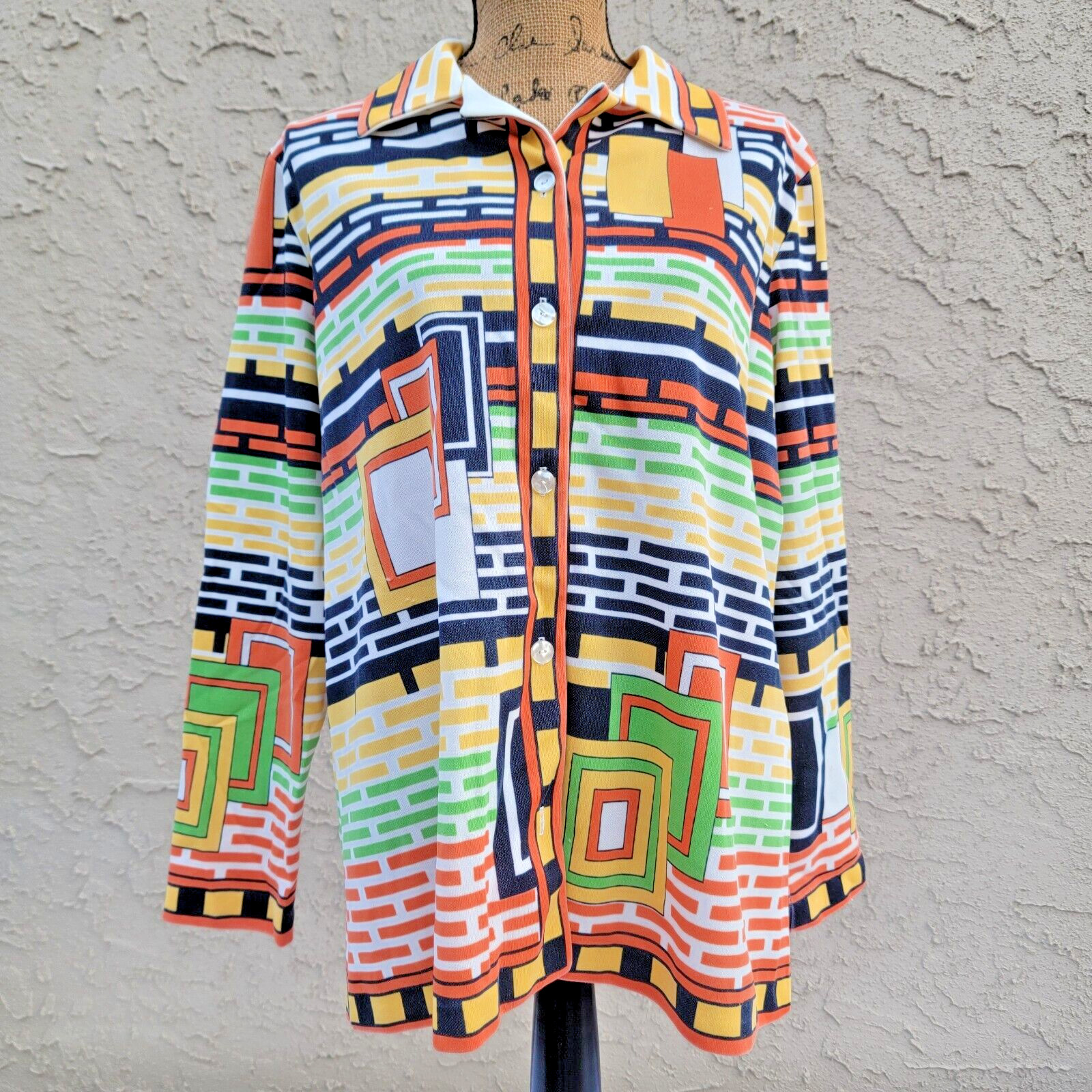 Vintage Polyester Top, Bright Geometric Rectangle Print, Green Orange Brown