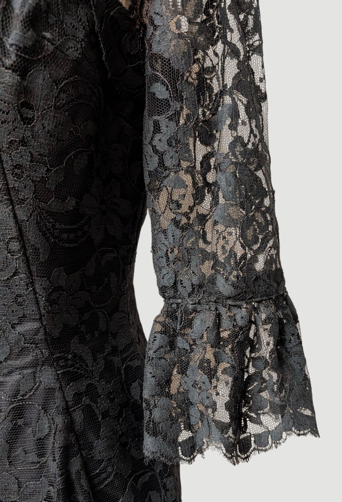 Joseph Magnin Vintage 60’s Black Lace Cocktail Illusion Dress Bell Cuffs LBD S