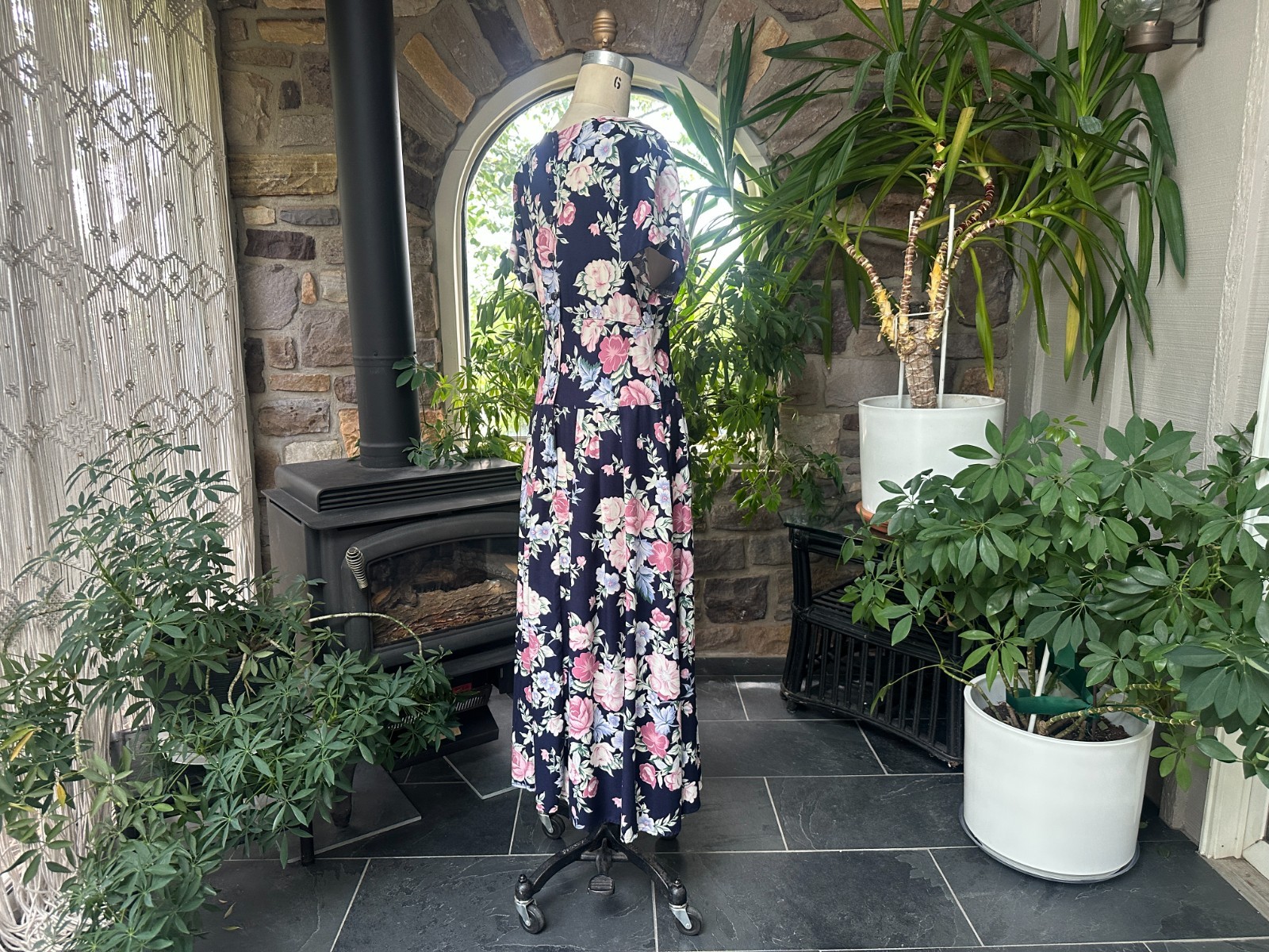 Vintage 1980s Does 1940s Navy Blue and Pink Floral Rayon Drop Waist Dress