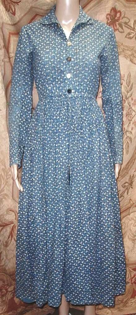 Antique mid to late Victorian Indigo Cotton Calico Work Dress w Layered Sleeves
