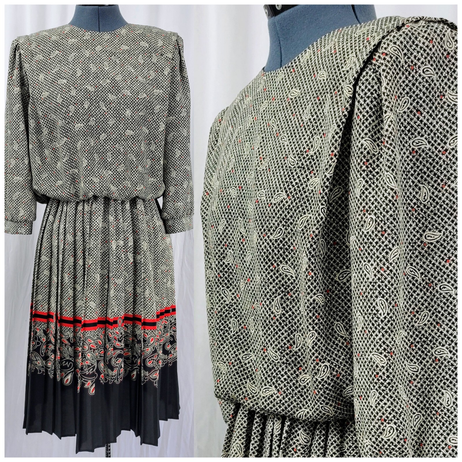 Vtg VLP Petites Cream & Black Patterned Dress w Red Acc & Border Trim Size 12
