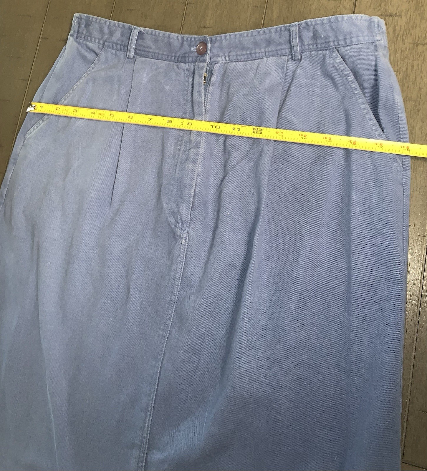 A1 80s SMALL CAPACITY MAXI COTTON BLUE SKIRT FRONT BUTTON STRETCH COTTAGE CORE