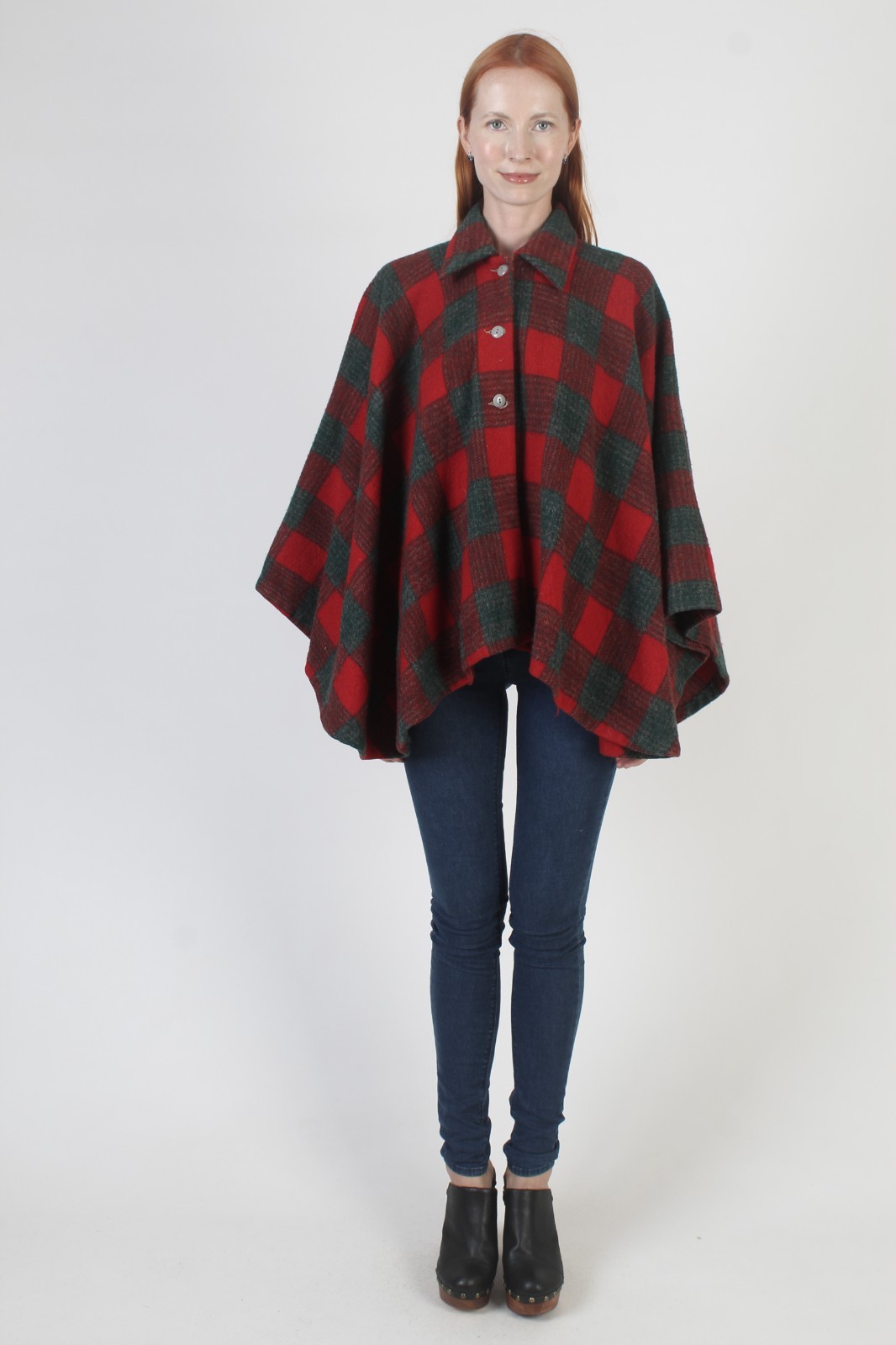 Vintage 50s Tartan Plaid Cape Gingham Holiday Wool Cocoon Poncho Coat Jacket
