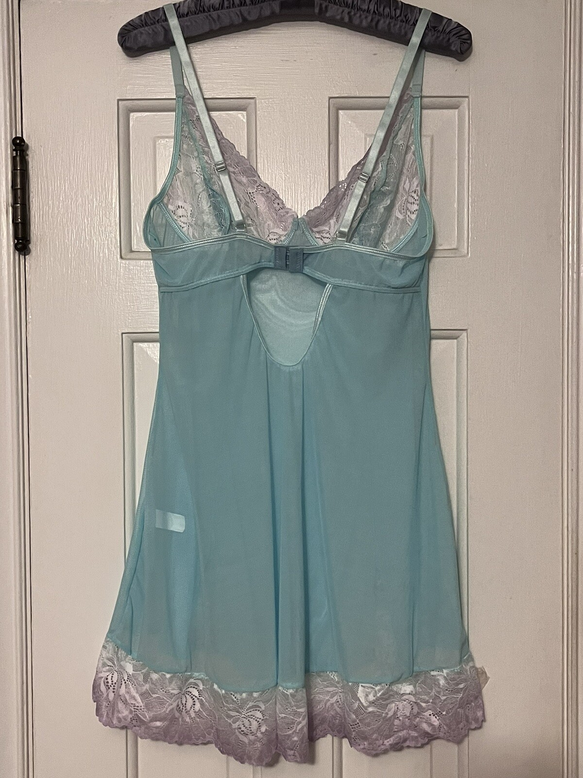 Vintage Ultra Feminine Aqua Lace Trim Mini Slip w/Adjustable Straps Size XL