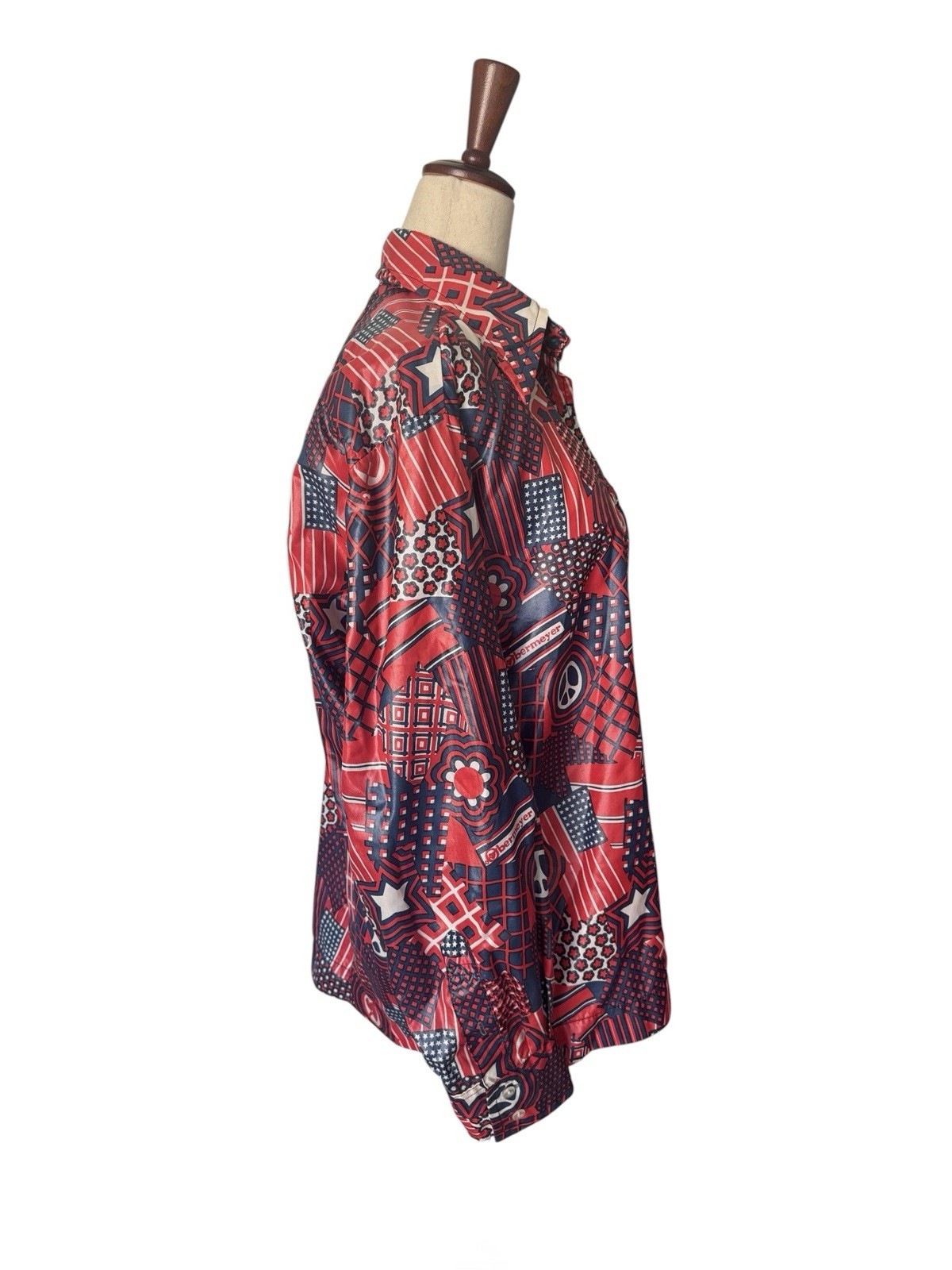 Vintage 70s Obermeyer Wind Shirt Top Red Navy Graphic Novelty Print Peace Flag