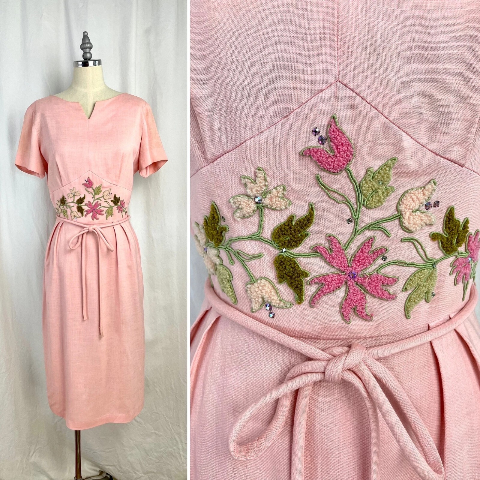 Vintage 60s Small Fashionmaker Original pink with soutache waist belted Dress