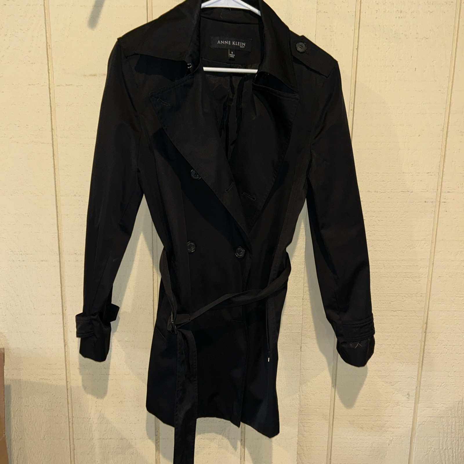 Anne Klein Elegant Mid-length Jacket Sz S Trench Silk Belt Button Close 2 Pocket