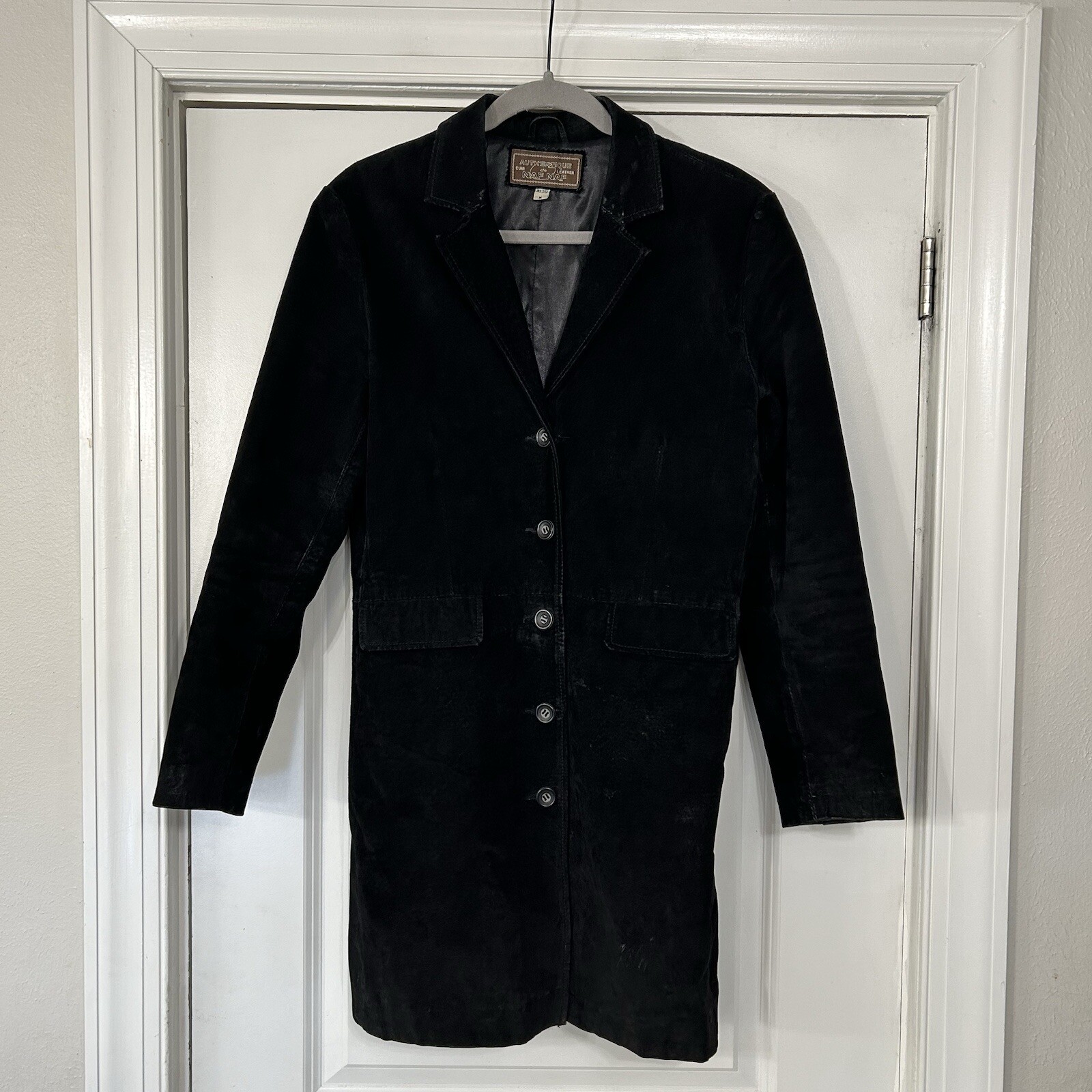 Vintage Naf Naf Suede Leather Trench Coat Women’s Medium Black Leather Jacket